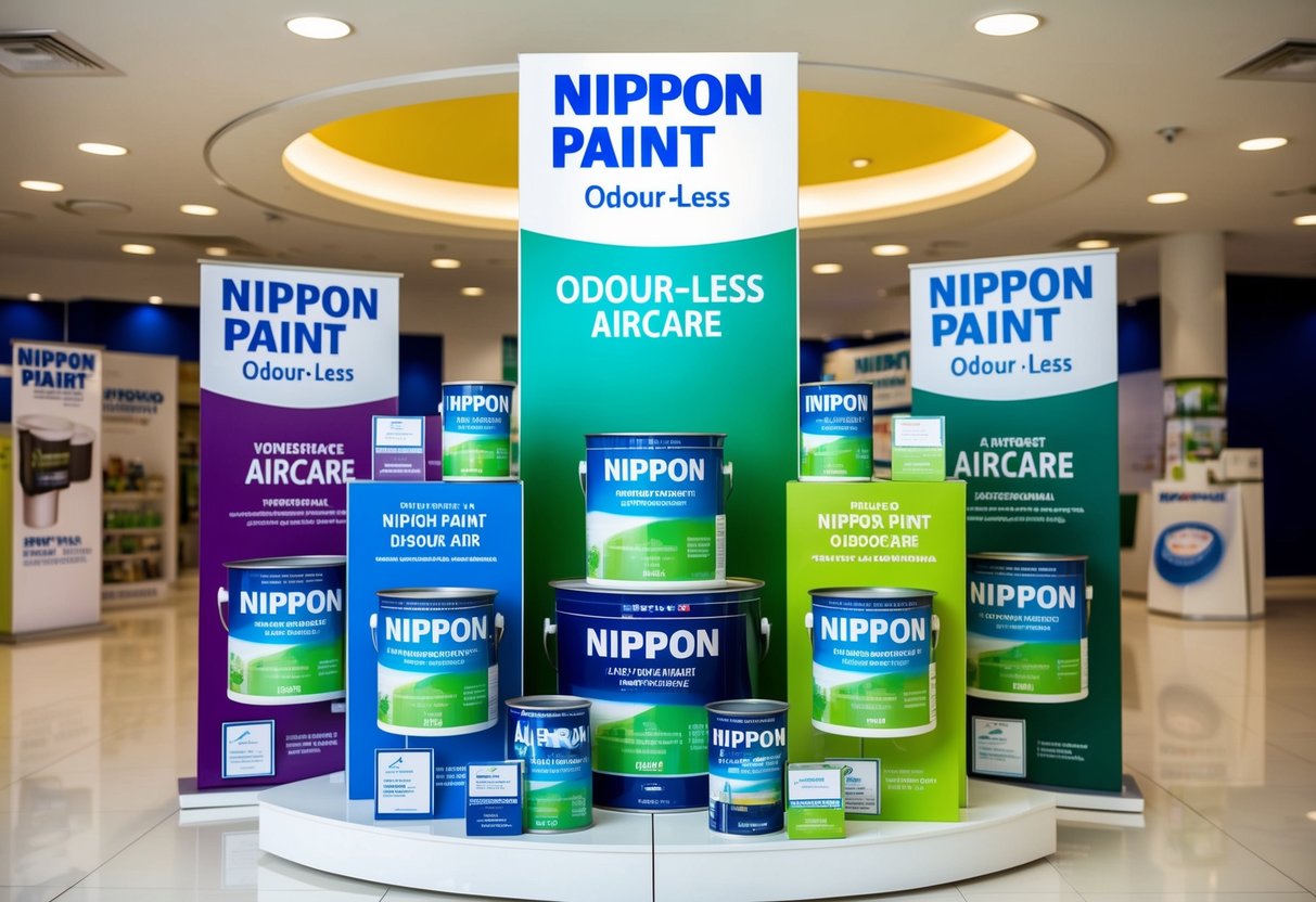 A colorful display of Nippon Paint Odour-Less AirCare products with promotional materials and signage in a well-lit, spacious showroom