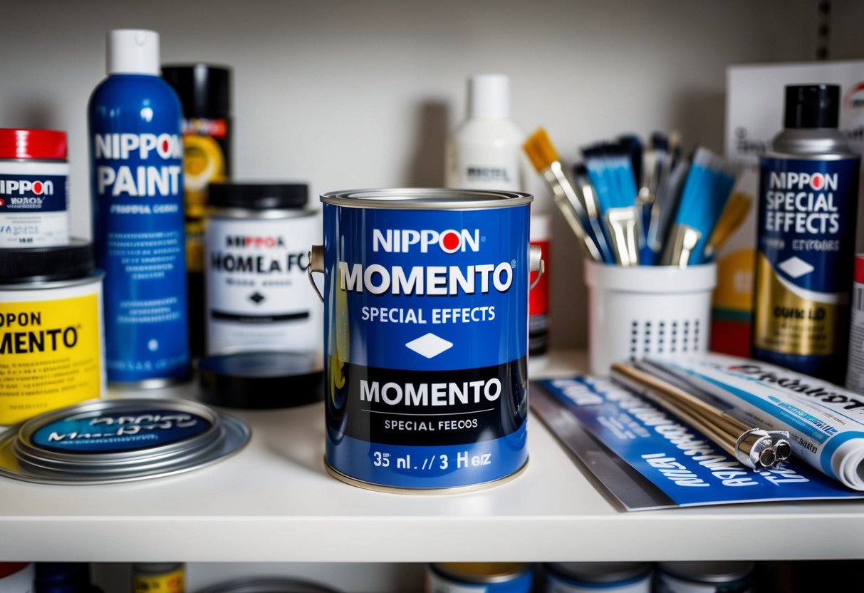 A can of Nippon Paint Momento Special Effects sits on a shelf surrounded by various paint supplies and promotional materials