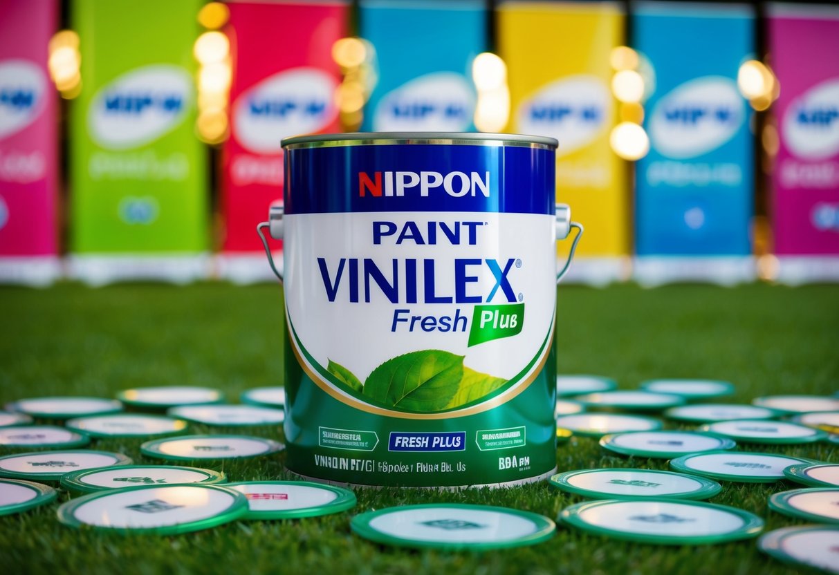 A can of Nippon Paint Vinilex Fresh Plus surrounded by colorful promotion banners