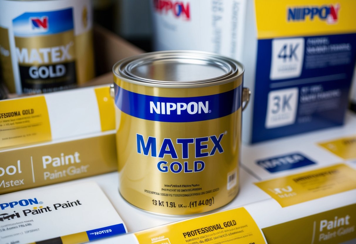 A can of Nippon Paint Matex Gold sits on a shelf, surrounded by promotional materials