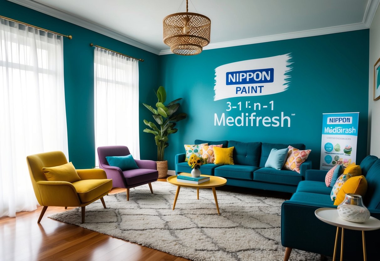 A living room with freshly painted walls in Nippon Paint 3-in-1 Medifresh, with colorful furniture and decor, and a promotional banner displayed