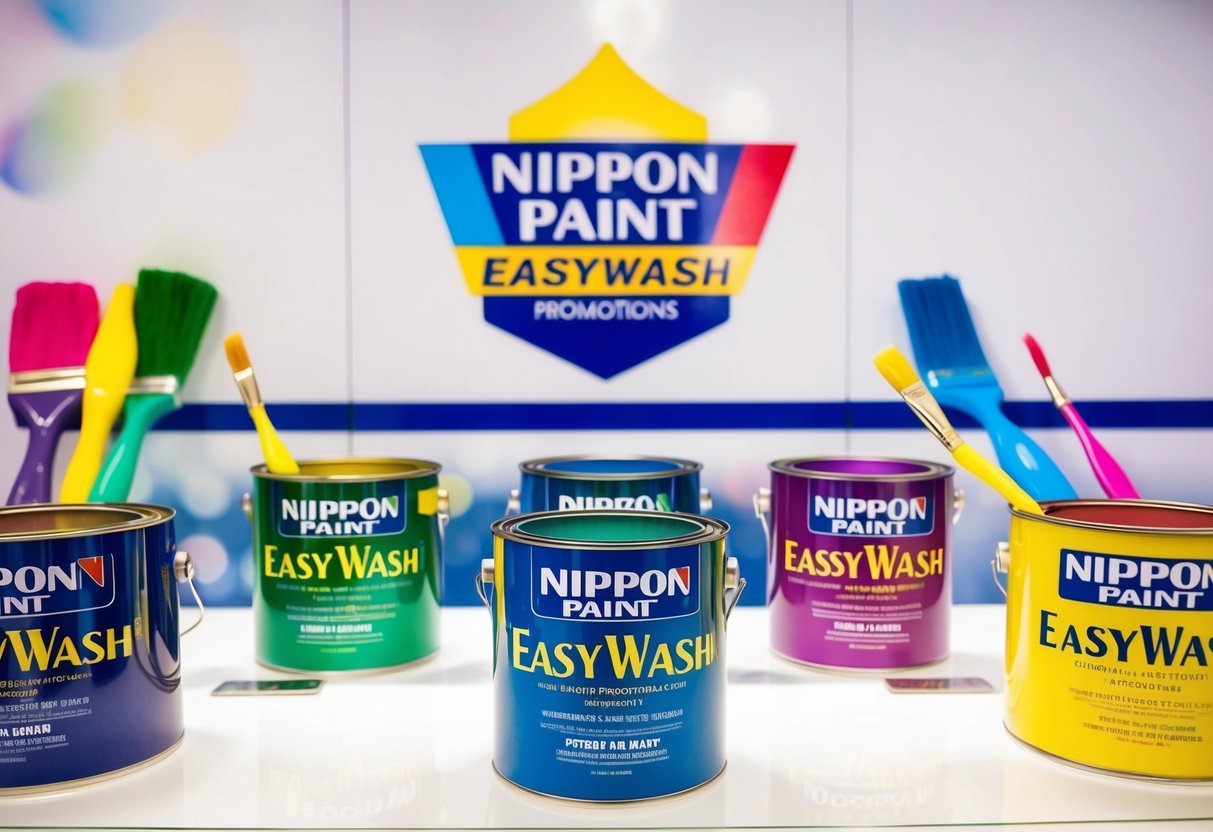 A colorful display of Nippon Paint EasyWash promotions with vibrant paint cans and brushes on a clean, white backdrop