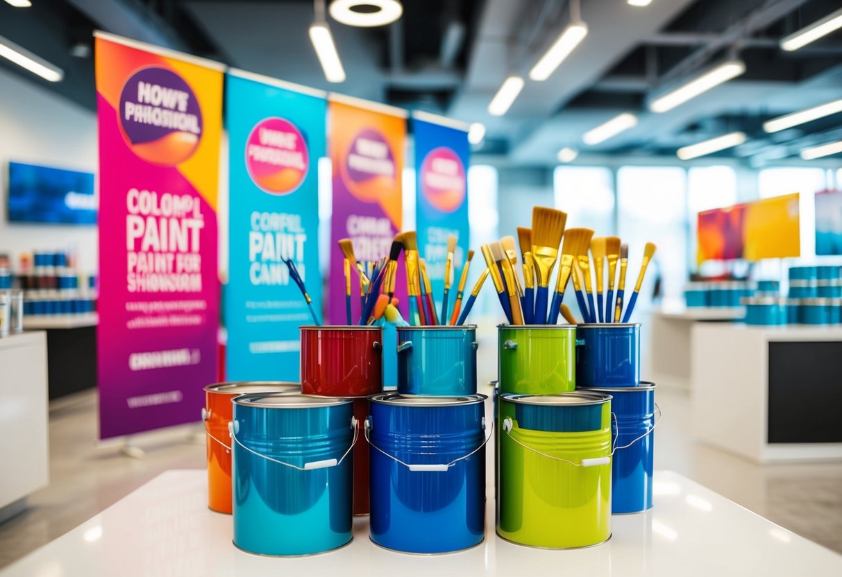 Vibrant paint cans and brushes displayed in a modern showroom with colorful promotional banners