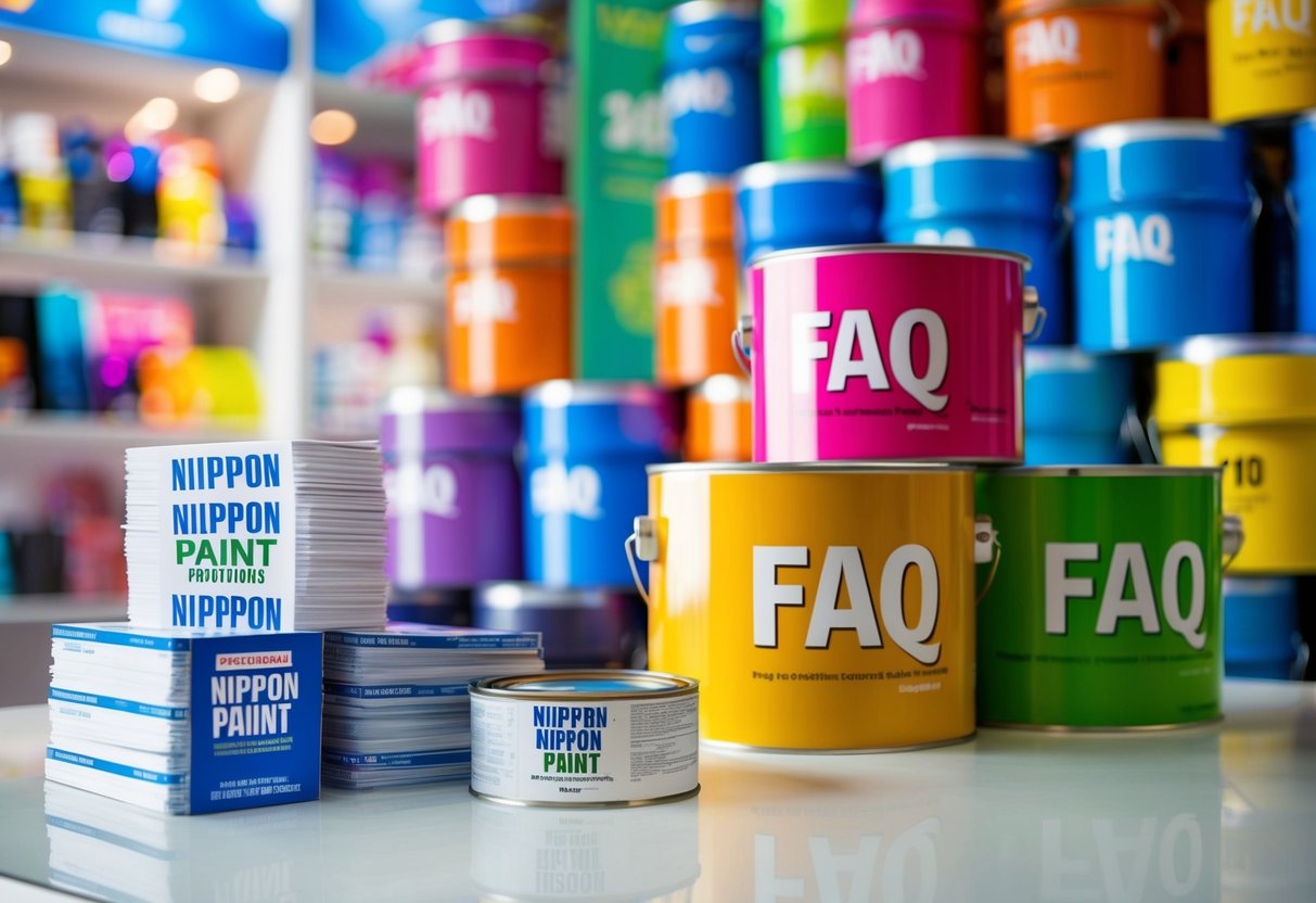 A colorful display of Nippon Paint promotions with a stack of FAQ cards and vibrant paint cans