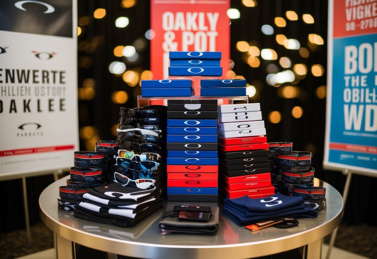A table stacked with Oakley merchandise, surrounded by promotional banners and posters
