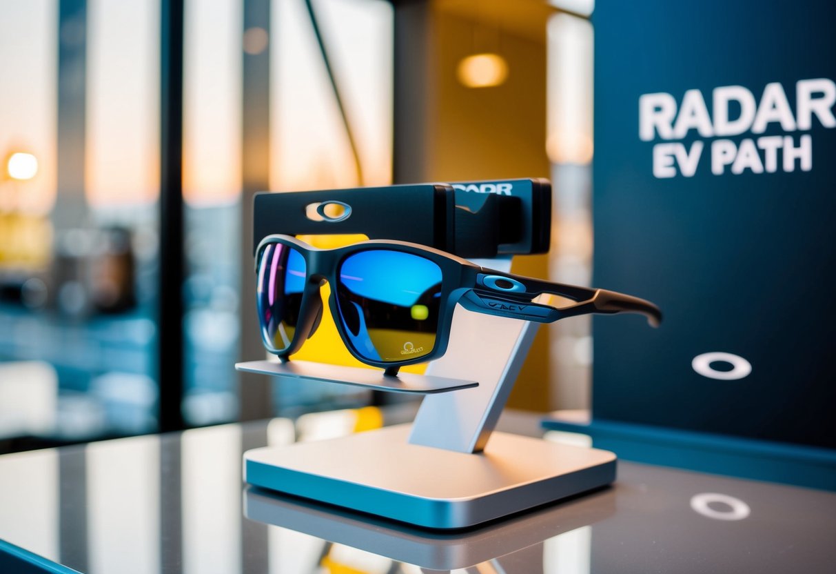 A pair of Oakley Radar EV Path sunglasses displayed on a sleek, modern stand with a promotional sign nearby