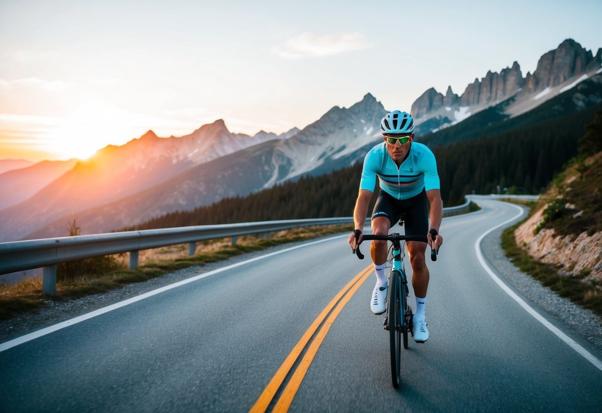 A cyclist wearing Oakley Sutro Lite glasses rides through a winding mountain road, with the sun setting behind the peaks