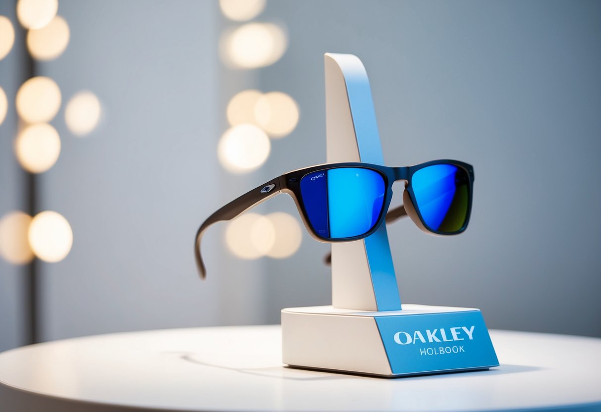 A pair of Oakley Holbrook Polarised Sunglasses displayed on a sleek, modern promotional stand with a clean, minimalist background