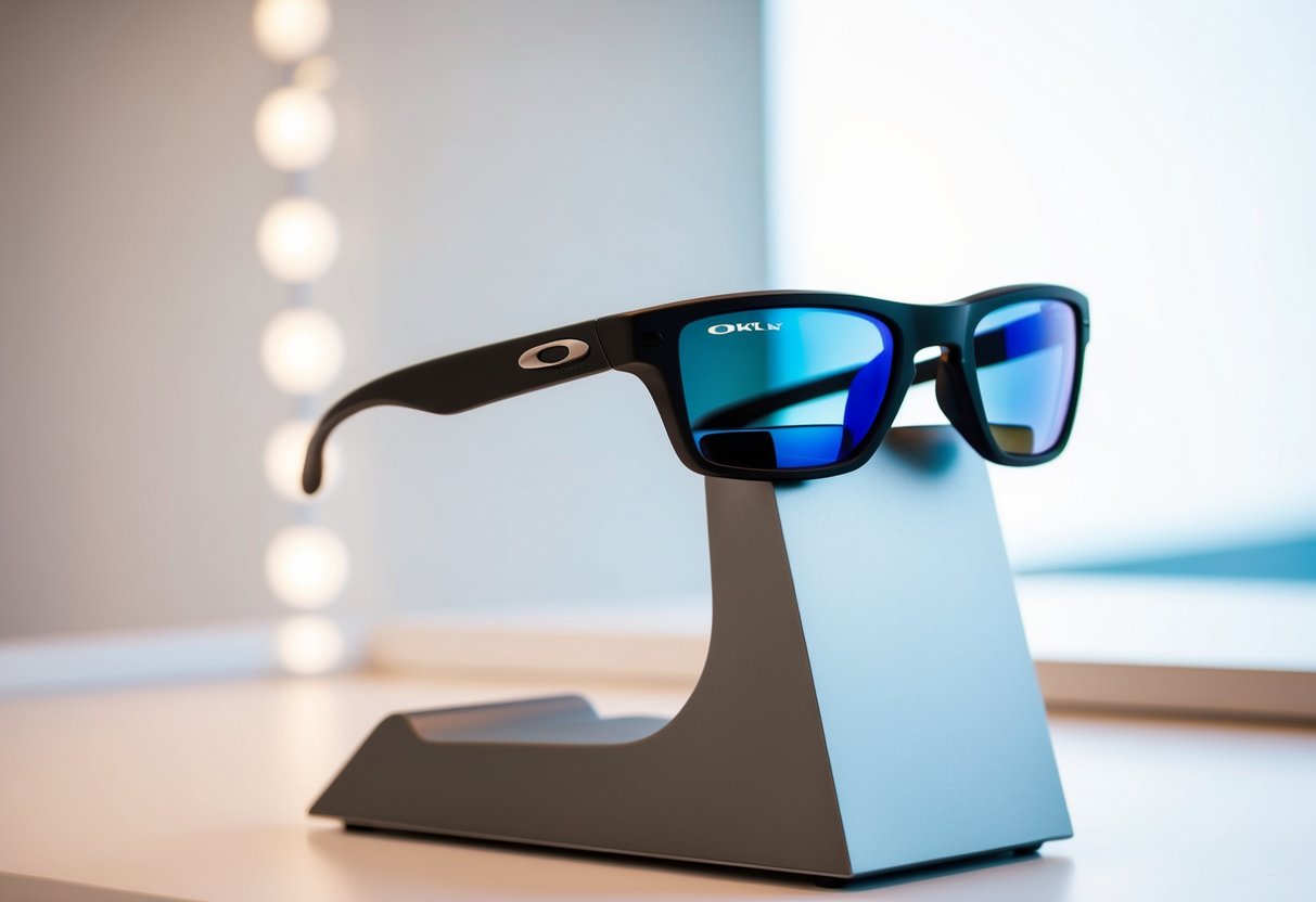 A pair of Oakley Flak 2.0 XL sport sunglasses sitting on a sleek, modern display stand with a clean, minimalist background