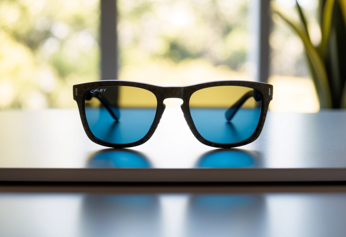 A pair of Oakley Frogskins Mix Lifestyle Shades displayed on a sleek, modern table with soft, natural lighting