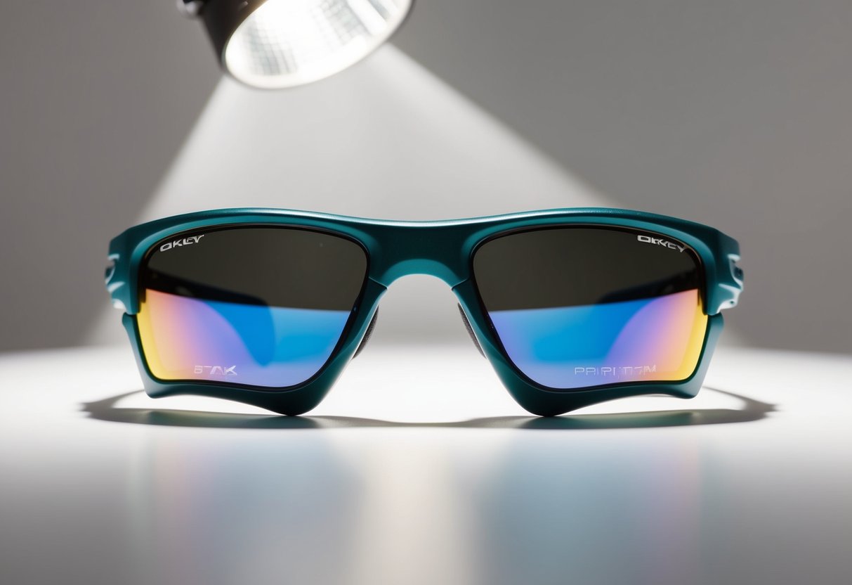 A sleek pair of Oakley Jawbreaker Prizm Road Glasses on a clean, white surface, with a spotlight highlighting the reflective lenses
