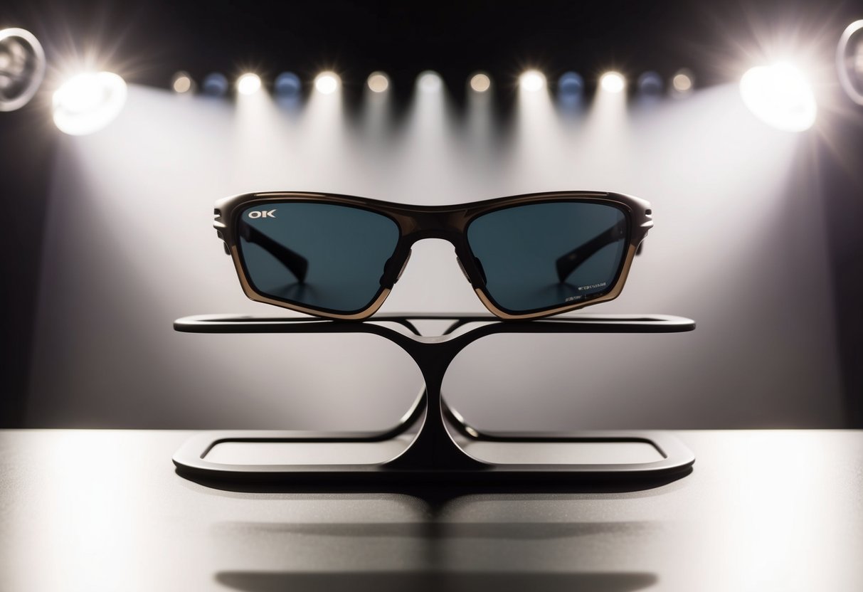 A pair of Oakley Crossrange Shield Shades displayed on a sleek, modern promotional stand under bright, spotlighting