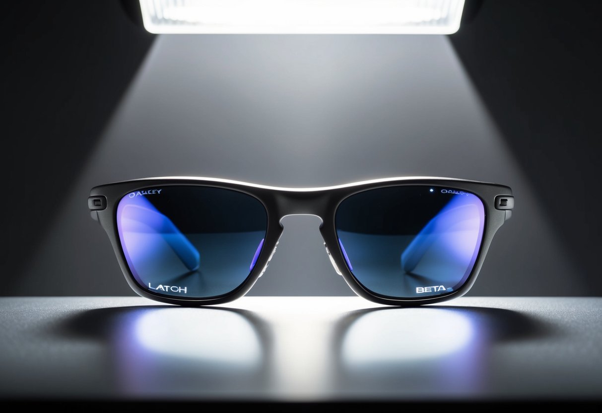 A pair of Oakley Latch Beta Frames displayed on a sleek, modern surface with a spotlight shining down on them