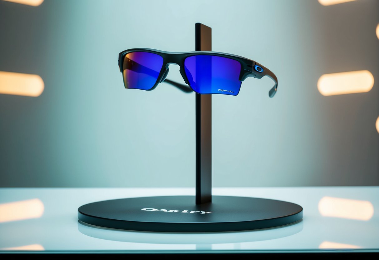 A sleek pair of Oakley Portal X Performance Eyewear displayed on a futuristic, minimalist stand with dynamic lighting