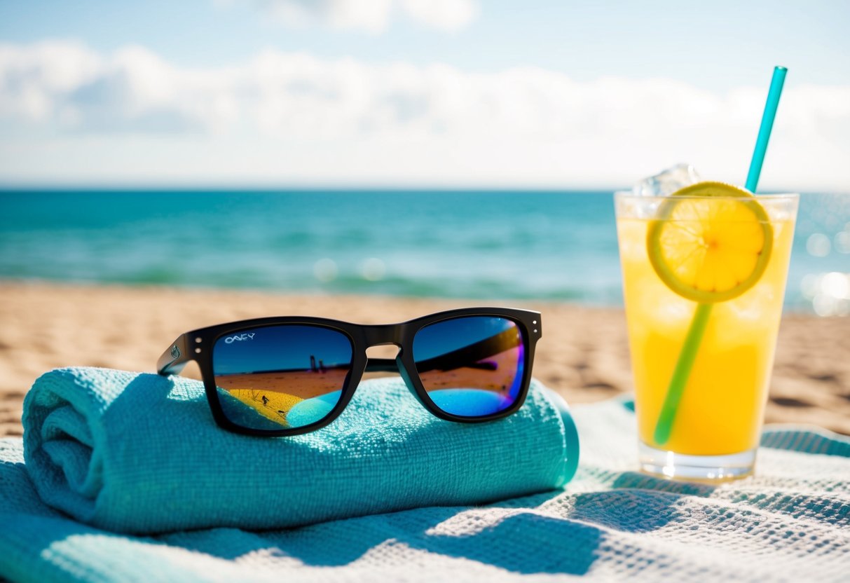 A sunny beach with a pair of Oakley Sylas sunglasses resting on a towel next to a refreshing drink