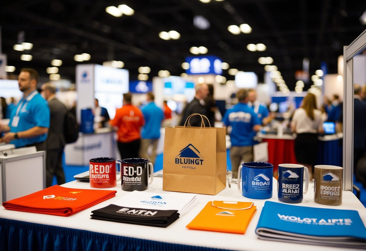 A bustling trade show booth with branded merchandise and promotional materials on display
