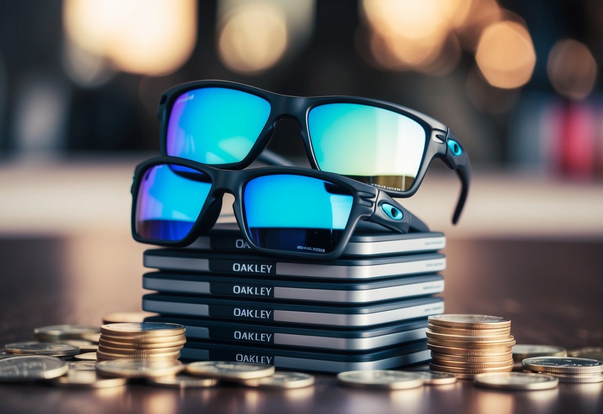 A stack of Oakley products surrounded by money and coins