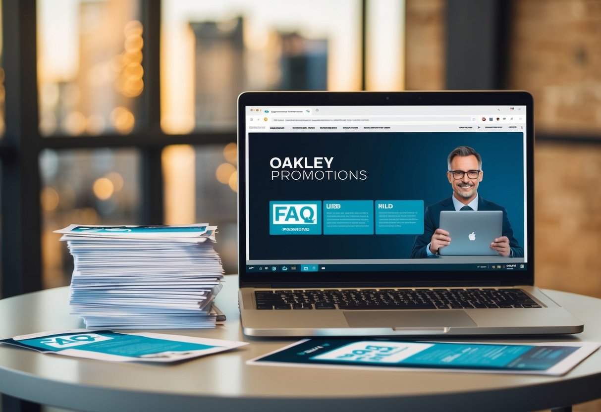 A table with a stack of promotional flyers and a laptop open to an FAQ page for Oakley promotions