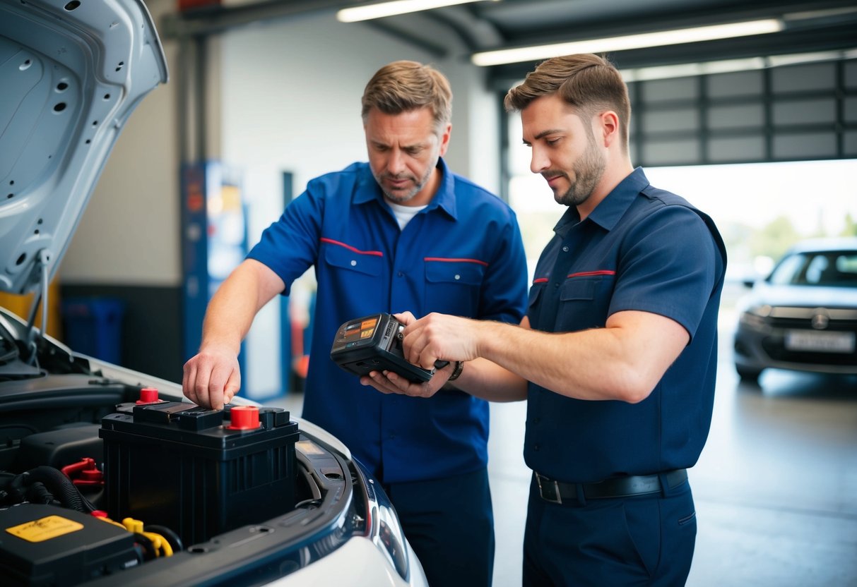 A car battery being replaced by a mechanic in a garage during a promotional event