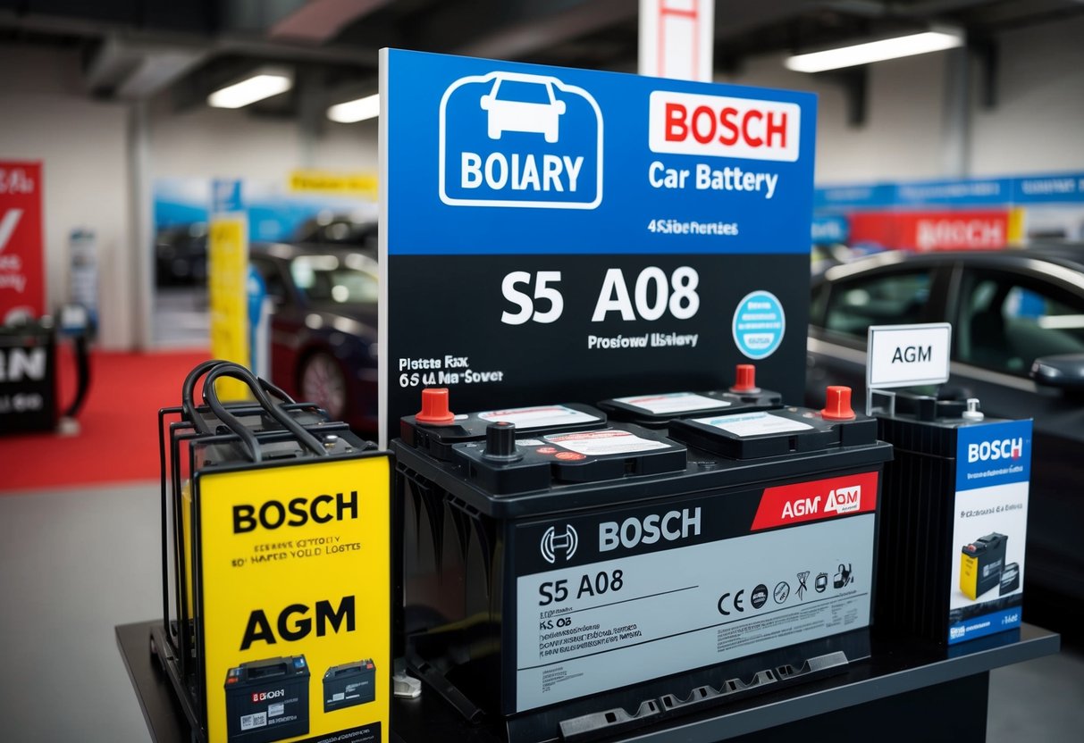 A car battery display with Bosch S5 A08 AGM prominently featured, surrounded by promotional signage and accessories