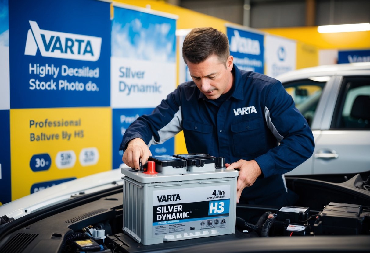 A car mechanic installing a Varta Silver Dynamic H3 battery in a vehicle, surrounded by promotional banners and signage