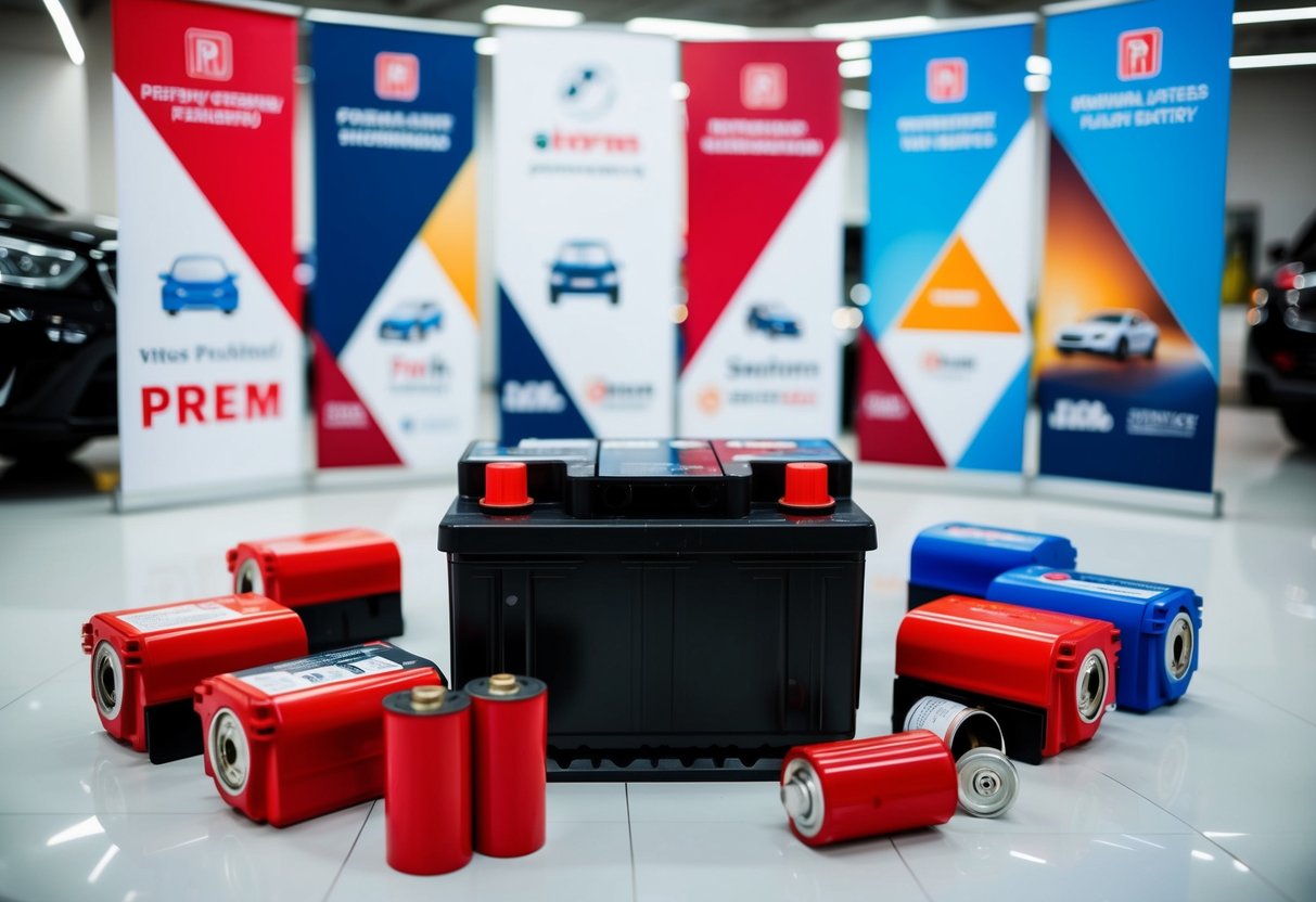 A car battery surrounded by promotional banners and logos
