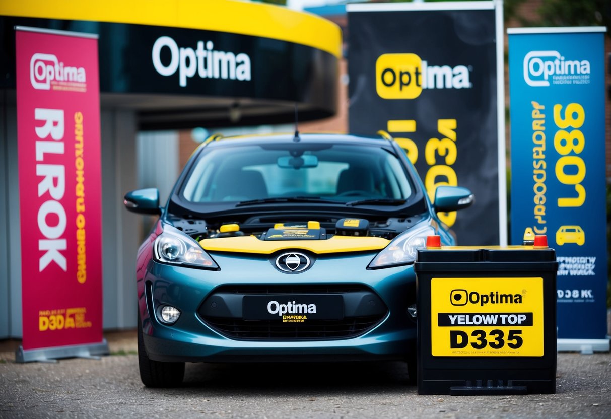 A car with a newly installed Optima YellowTop D35 battery, surrounded by promotional signage and banners