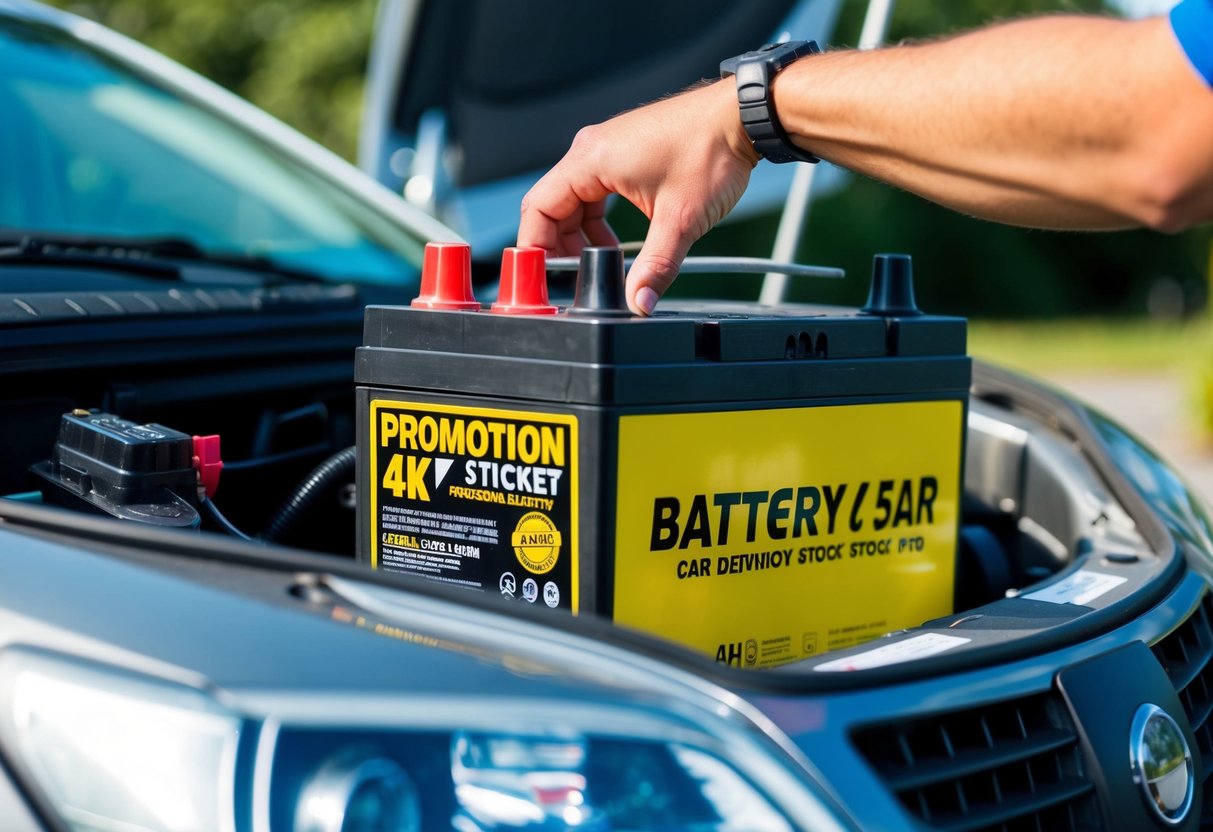 A car battery being installed in a vehicle with a promotional sticker displayed prominently