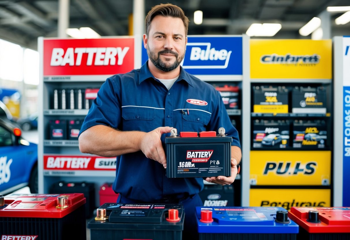A mechanic holding a car battery while surrounded by various battery brands on display with promotional signs
