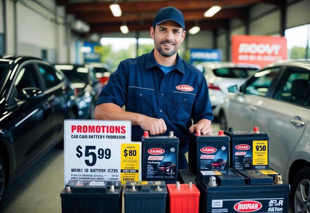 A mechanic showcasing various car battery promotions with a display of different battery types and pricing information