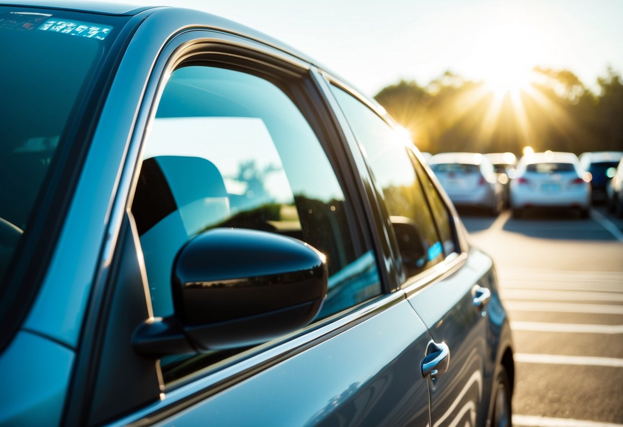 A car parked in a sunny lot with solar film on its windows, reflecting the bright sunlight