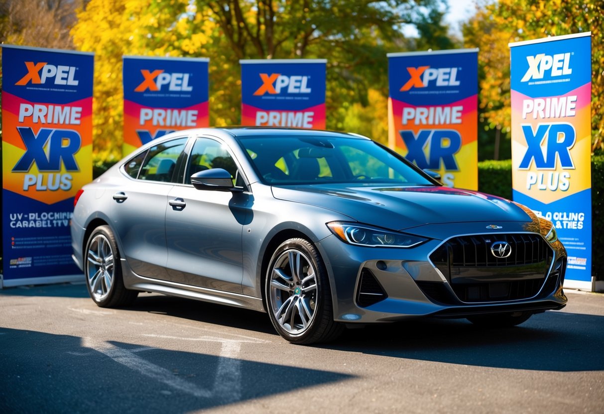 A sleek car with XPEL Prime XR Plus film glistening in the sunlight, surrounded by promotional banners and a vibrant display of UV-blocking capabilities
