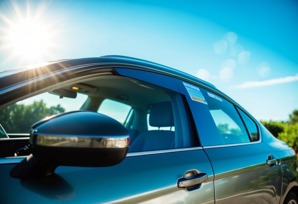A car parked under a bright sun with solar film on windows, reducing glare and heat inside