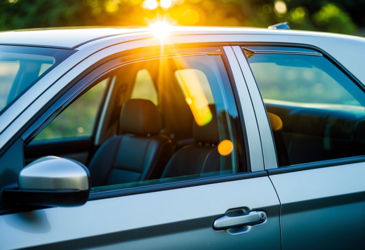 A car parked in direct sunlight with solar film applied to the windows, blocking out UV rays and reducing interior heat