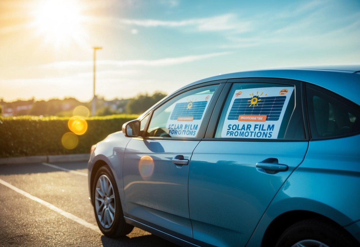 A car parked under a bright sun with solar film promotions displayed on its windows