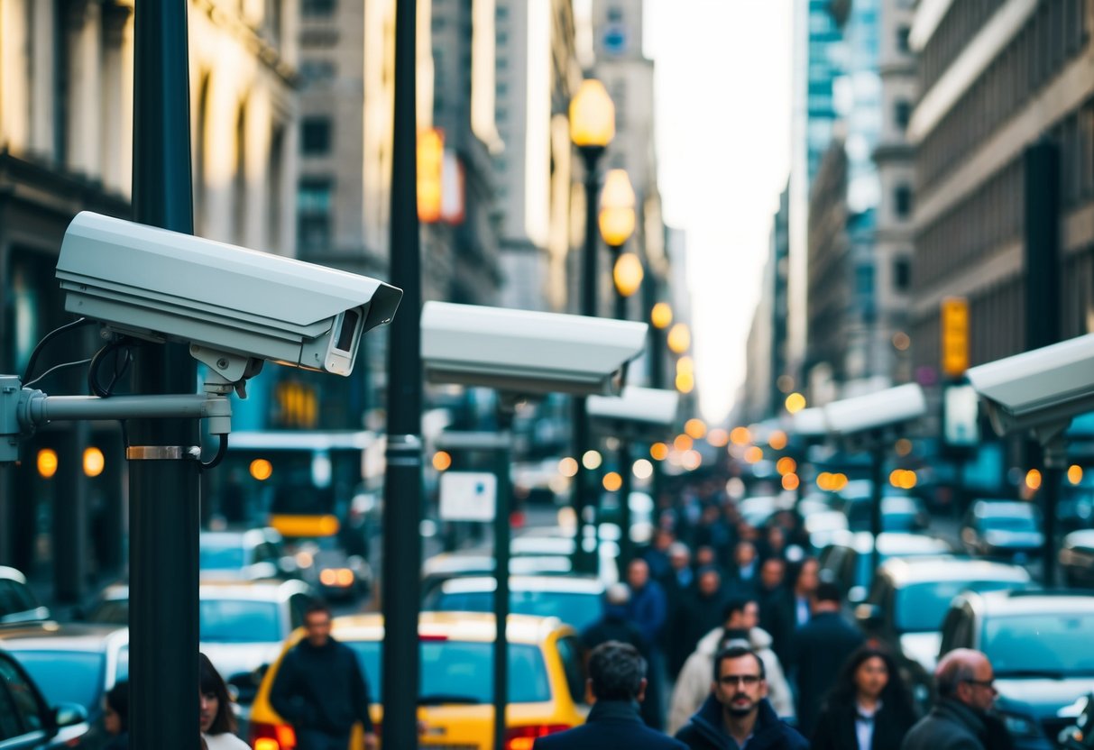 A crowded city street with multiple CCTV cameras mounted on buildings and light poles