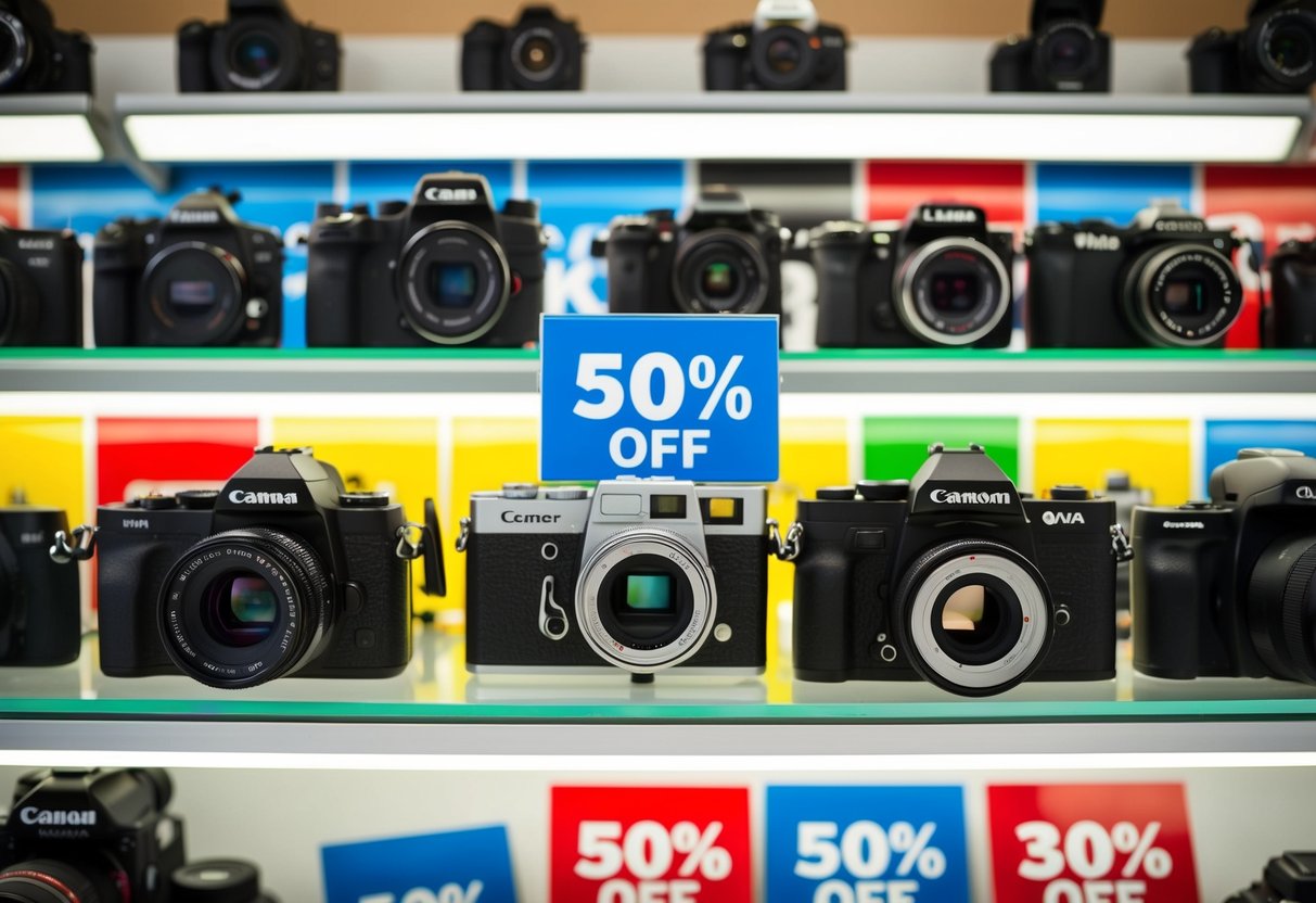 A colorful display of various cameras with "50% off" signs