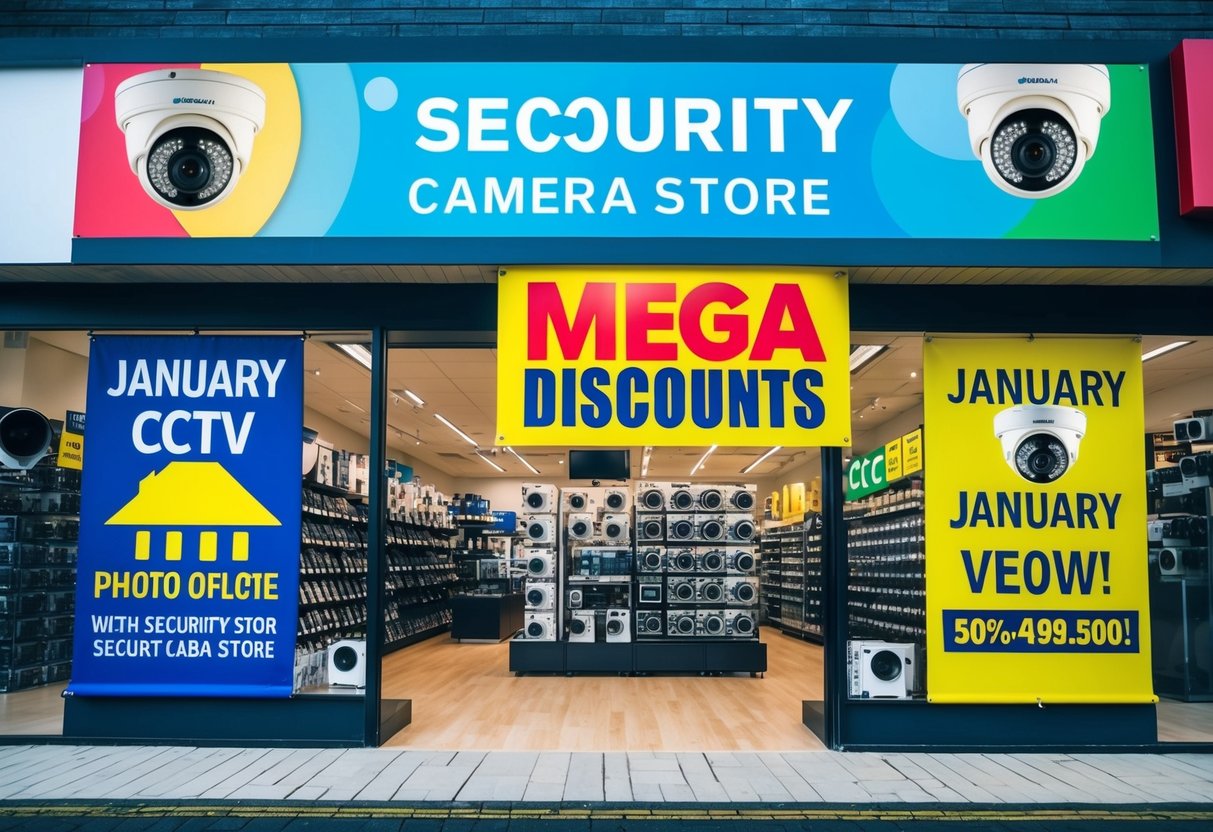 A security camera store with bright, colorful banners and signs advertising January CCTV Mega Discounts