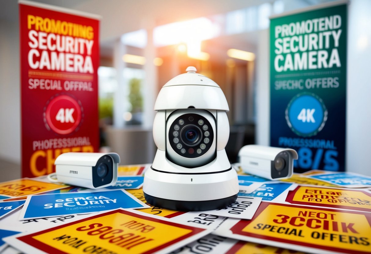 A high-end security camera surrounded by promotional banners and special offers