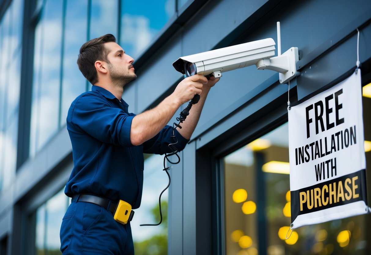 A technician installing a CCTV camera on a building facade. A promotional banner with "Free Installation with Purchase" is displayed nearby