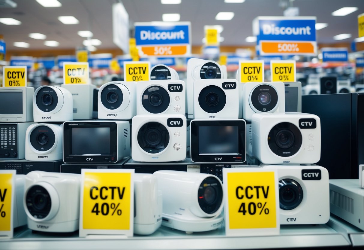 A crowded electronics store with multiple CCTV models on display, marked with prominent discount signs