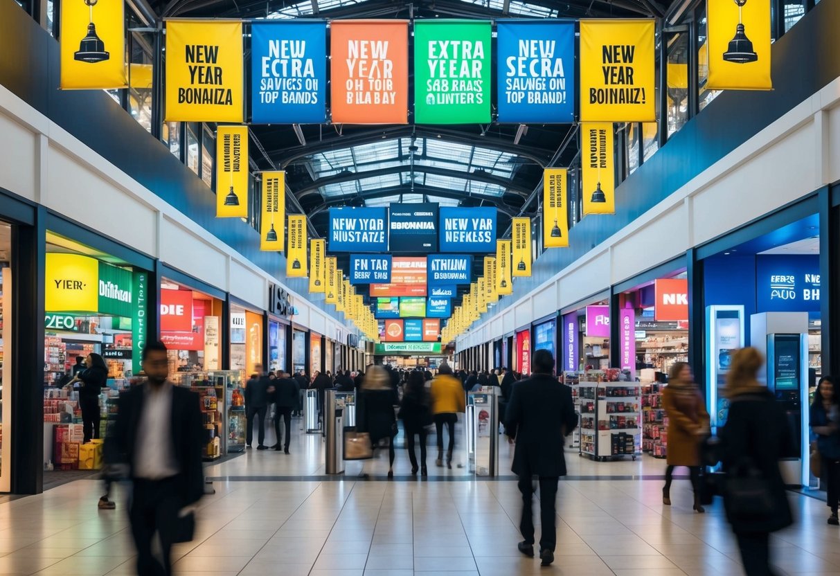 A bustling shopping mall with colorful banners and flashing lights advertising "New Year Bonanza: Extra Savings on Top Brands!" Security cameras and promotional displays are visible