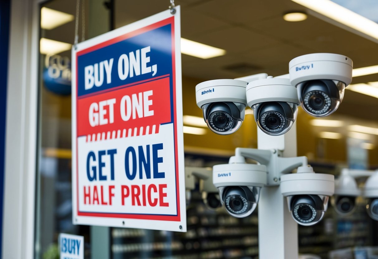 A storefront with a prominent display of security cameras, with a sign advertising "Buy One, Get One Half Price" promotion