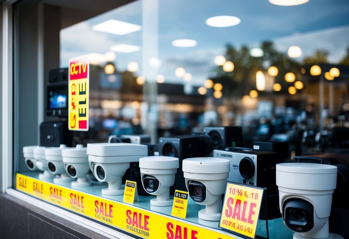 A storefront window displays a variety of CCTV cameras and equipment with bright sale signs and banners