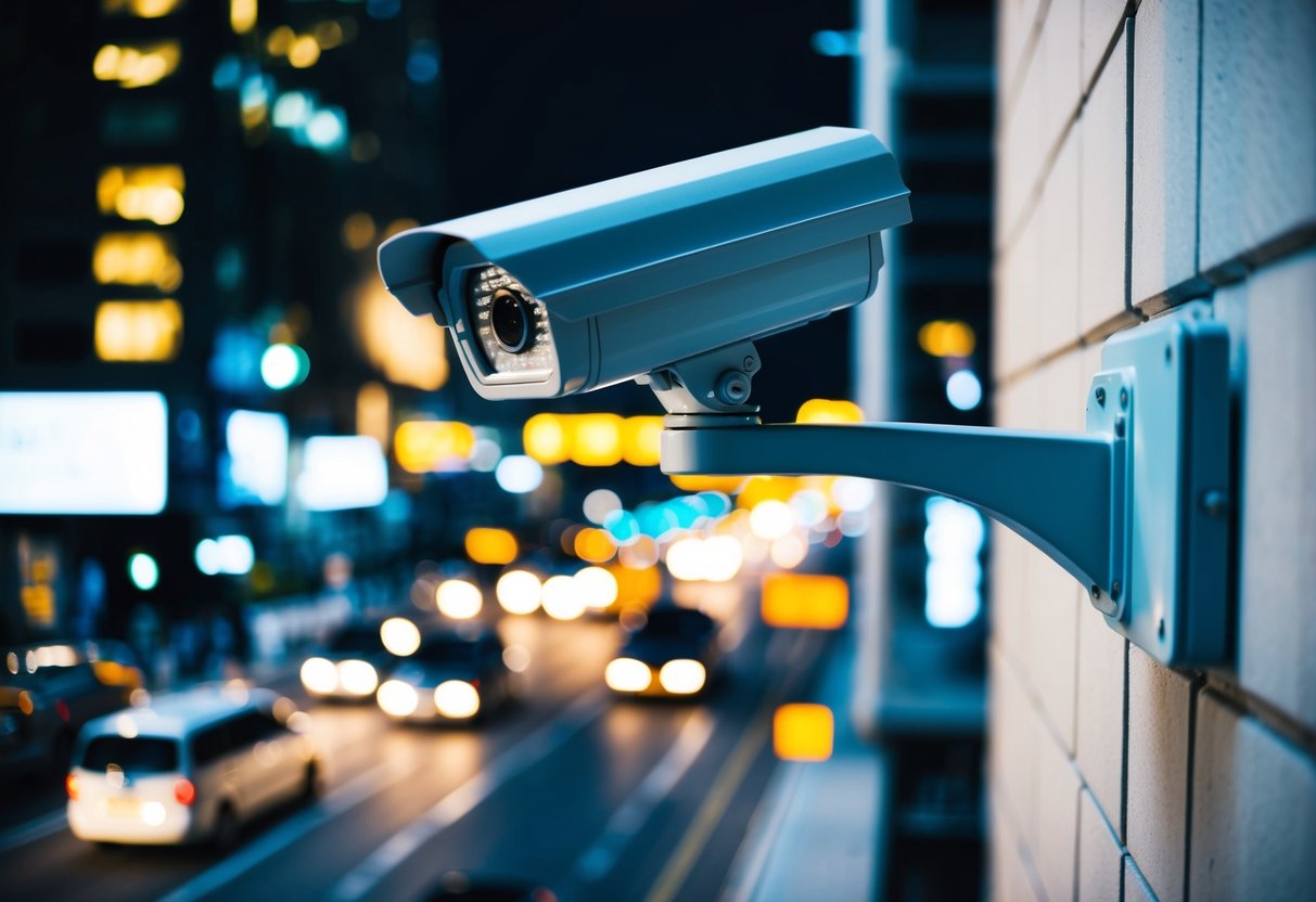 A CCTV camera mounted on a wall overlooking a busy city street at night, capturing the movement of vehicles and pedestrians