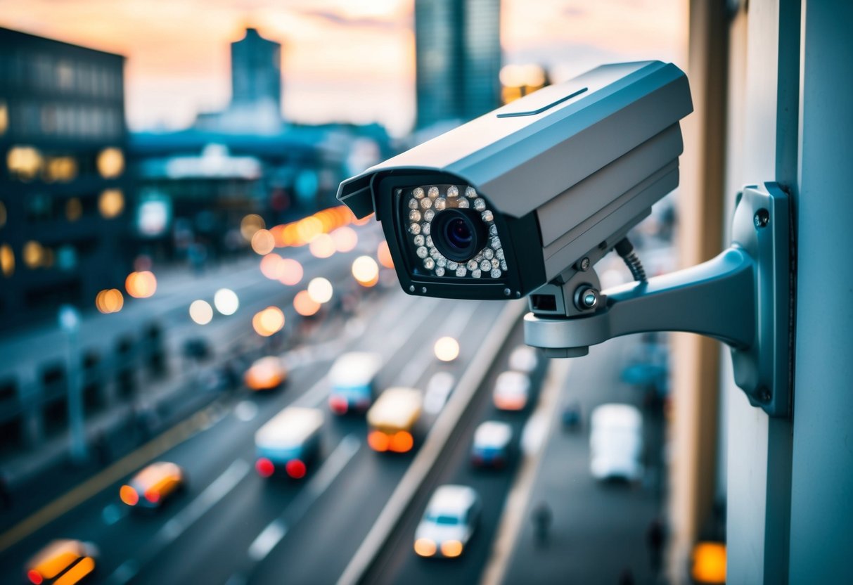 A CCTV camera mounted on a building overlooking a busy street