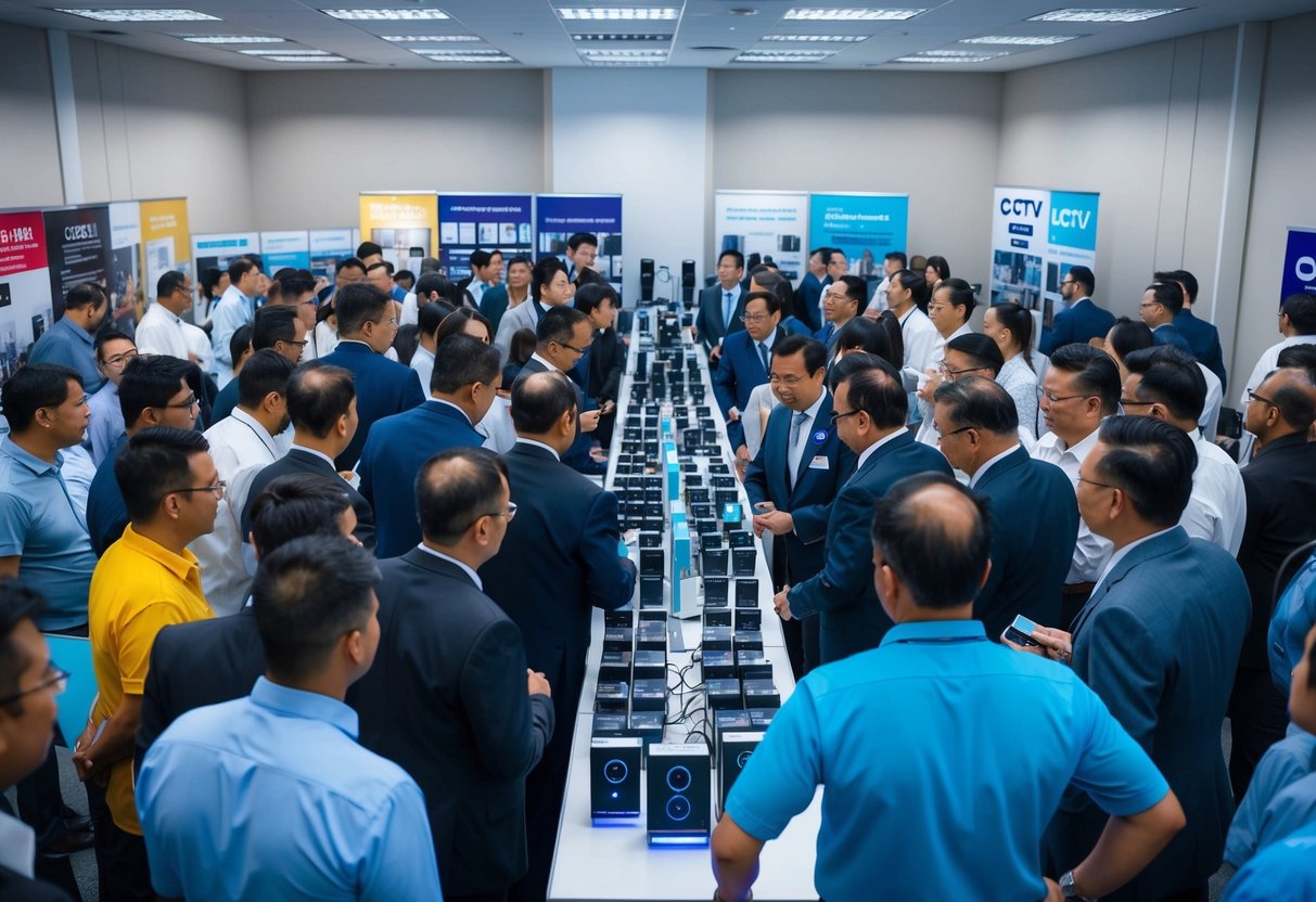 A crowded room with people interacting around a display of CCTV products, with promotional banners and posters on the walls