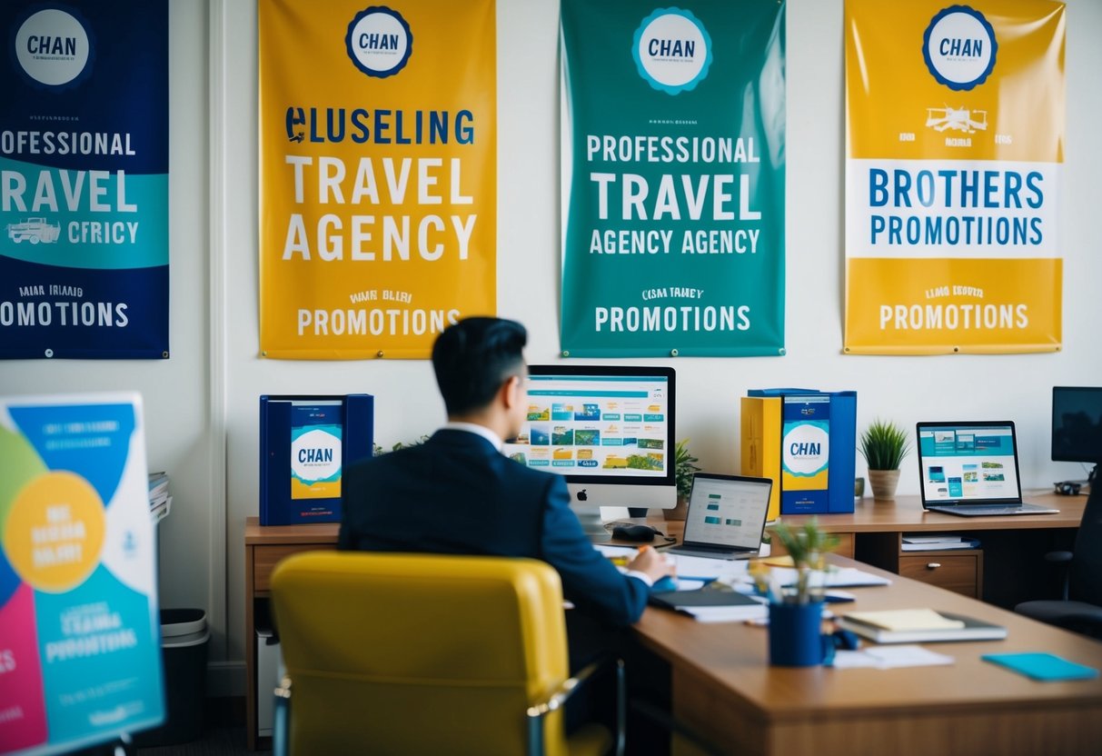 A bustling travel agency office with colorful posters and banners promoting Chan Brothers promotions