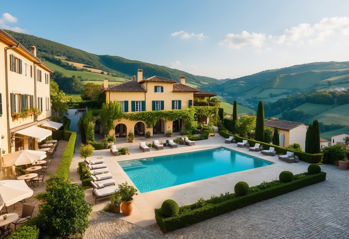 A luxurious European villa nestled among rolling hills, with a sparkling pool and lush gardens, surrounded by quaint cobblestone streets and charming cafes