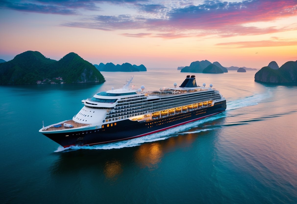 A luxurious cruise ship gliding through the stunning waters of Asia, surrounded by lush green islands and a vibrant sunset